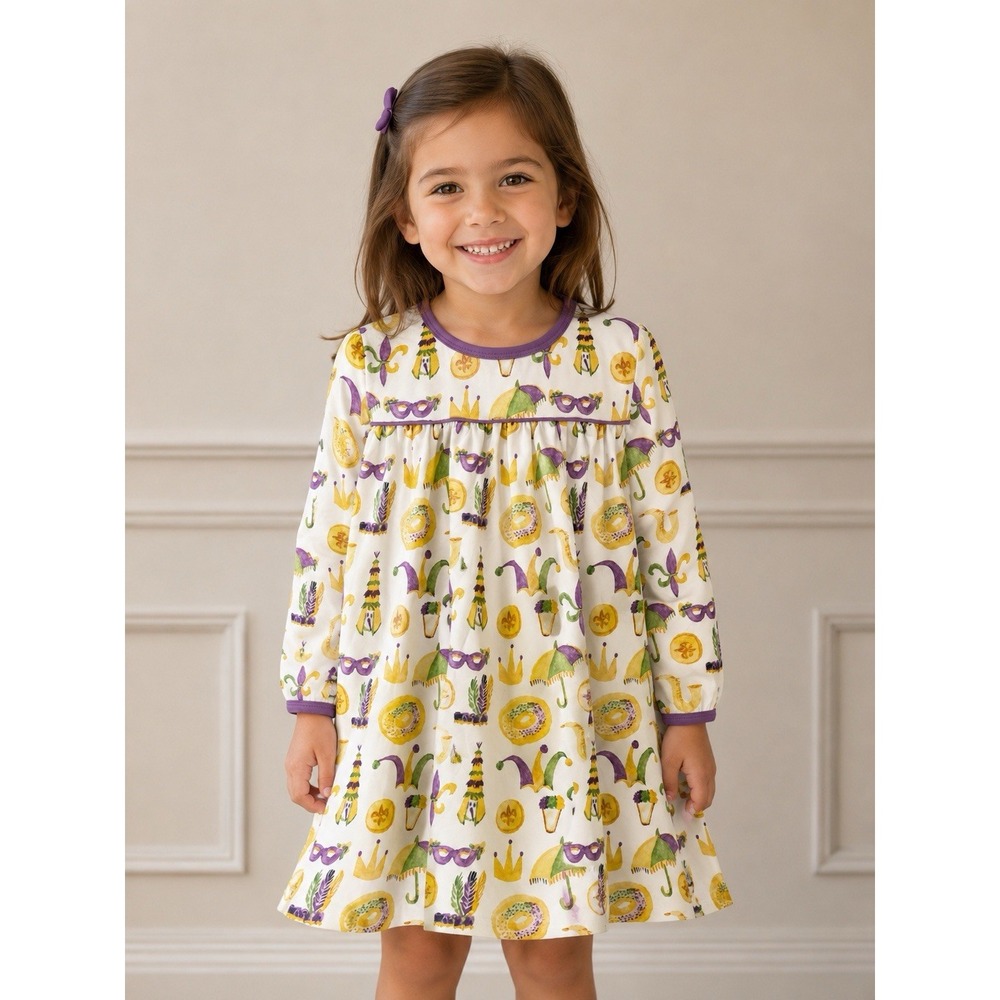 Finn & Rae Co Girls Mardi Gras Dress Long Sleeve Size 6-7